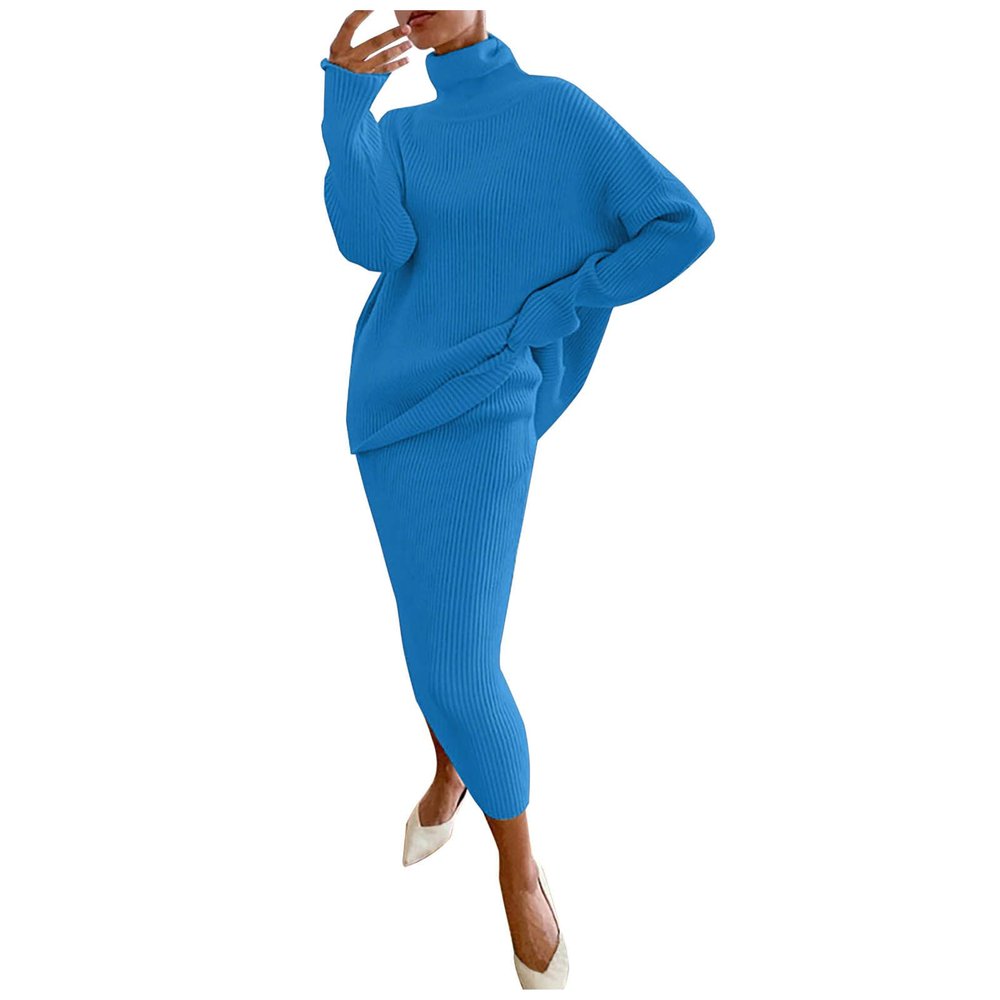 Vifucz Sweater Skirt Set Women Casual Solid Knitting Slimming Hip Wrap Long Sleeve Turtleneck Sweaters Skirt 2 Pieces Outfit Sets Blue M