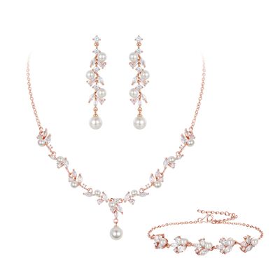 EleQueen Women's Simulated Pearl Wedding Jewelry Set, Rose Gold Plated Silver Cubic Zirconia Marquise Floral Bridal Necklace Earrings Bracelet Sets