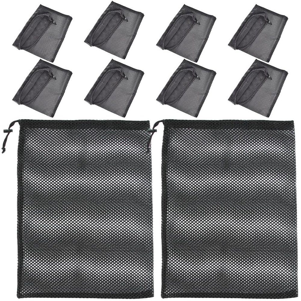 Cabilock Medium Mesh Pool Bag Drawstring Sports Tote Bag Polyester 10 Pack Black