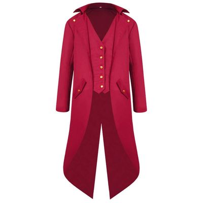 OBEEII Steampunk Costume Men Vintage Tailcoat Jacket Long Sleeve Floral Gothic Victorian Uniform Tuxedo Coat Halloween Cosplay Costume Red M