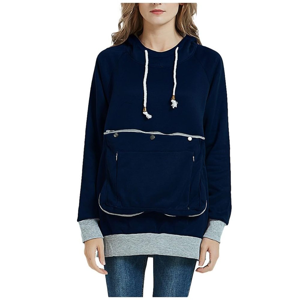 Womens Pet Pouch Hoodies Fleece Lightweight Long Sleeve Big Kangaroo Cat Dog Holder Carrier Sweatshirts Pullover Dark Blue