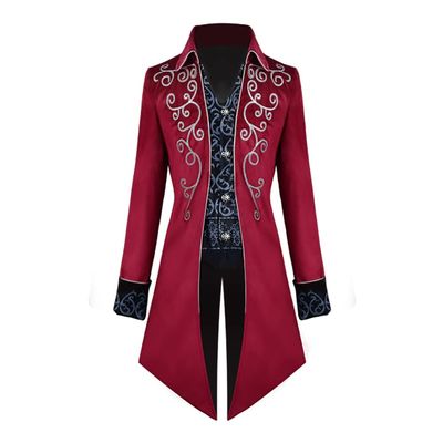 Steampunk Costume Men Vintage Tailcoat Jacket Long Sleeve Floral Gothic Victorian Uniform Tuxedo Coat Halloween Cosplay Costume Red Silver Floral XXL