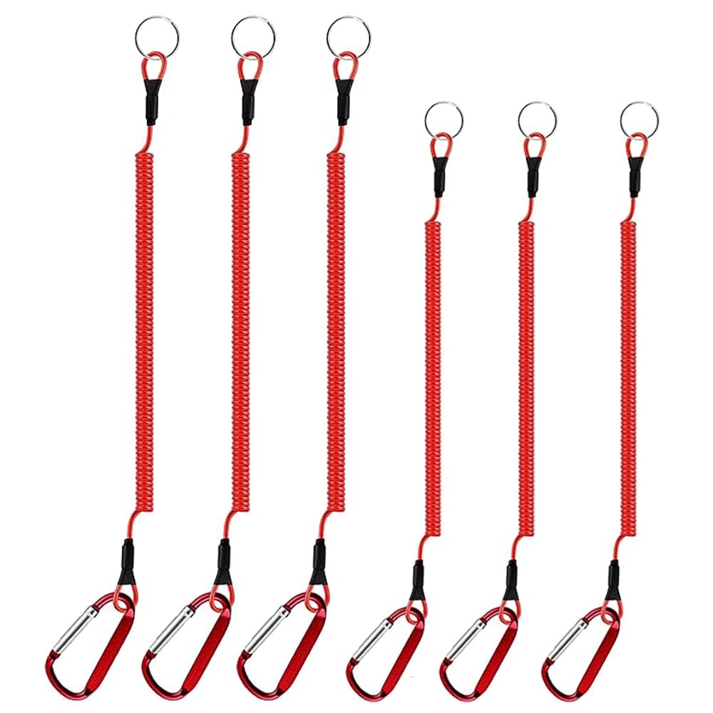 SEIWEI 6Pcs Fishing Lanyards Retractable Steel Wires Coiled Lanyard Buckle Anti Lost Rope for Fishing Pole Pliers Boating 1.2m & 1.5m Red