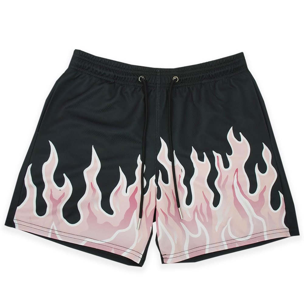 BOOMLEMON Men's Basketball Shorts Casual Workout Athletic Shorts Mesh Flame Graphic Print Running Short Pants(Pink Flame Black L)