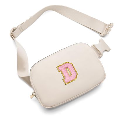 Gitus Belt Bag Fanny Pack Crossbody Bags with Initial Letter Patch Cute Stuff Birthday Gifts for Teenager Girls Trendy Preppy Stuff for Teen Girls(Beige-D)