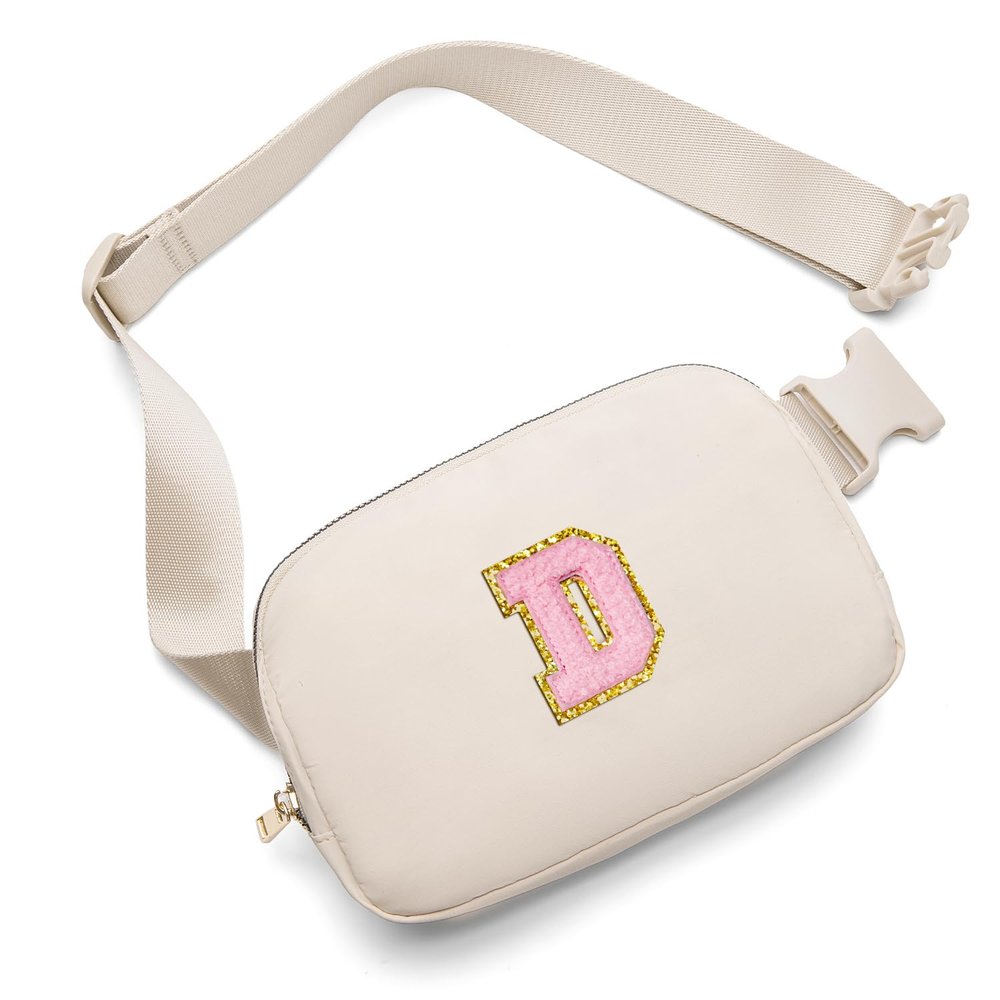 Gitus Belt Bag Fanny Pack Crossbody Bags with Initial Letter Patch Cute Stuff Birthday Gifts for Teenager Girls Trendy Preppy Stuff for Teen Girls(Beige-D)