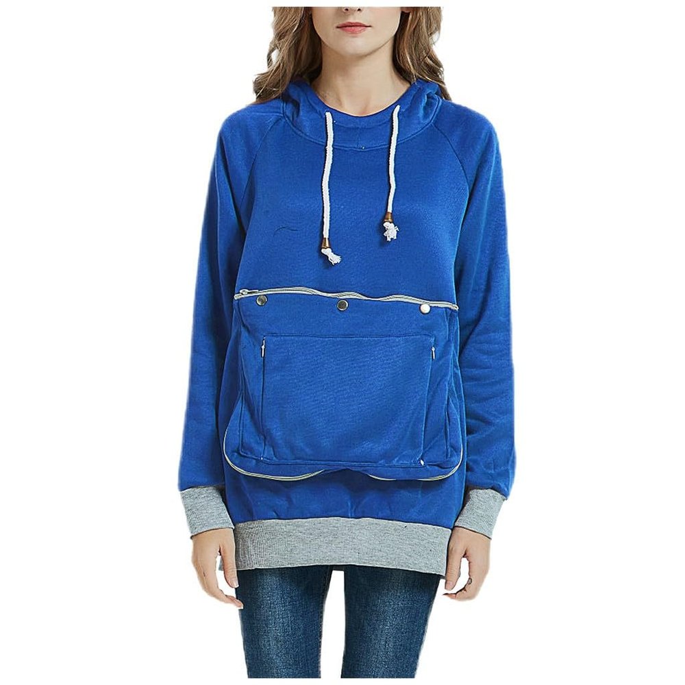 Womens Pet Pouch Hoodies Fleece Lightweight Long Sleeve Big Kangaroo Cat Dog Holder Carrier Sweatshirts Pullover Blue