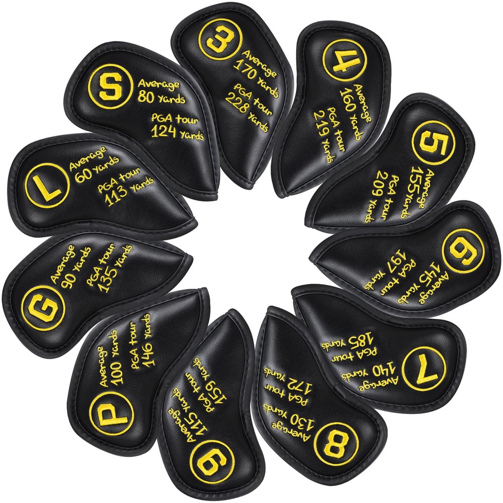 Golf Iron Covers Set 11pcs Black PU Leather, Durable Golf Iron Head Covers for Ping Titleist Callaway Taylormade Cobra Clevleand(3-9 P G S L)