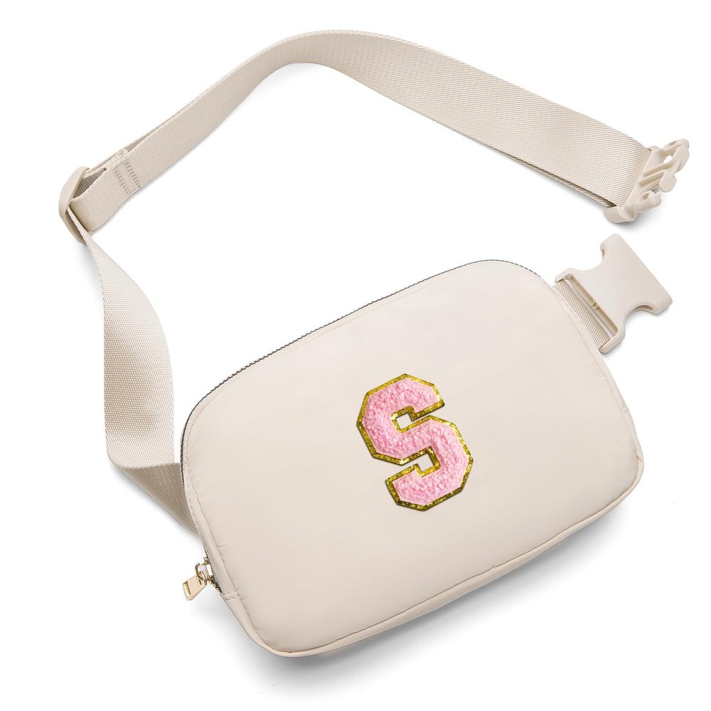 Gitus Belt Bag Fanny Pack Crossbody Bags with Initial Letter Patch Cute Stuff Birthday Gifts for Teenager Girls Trendy Preppy Stuff for Teen Girls(Beige-S)