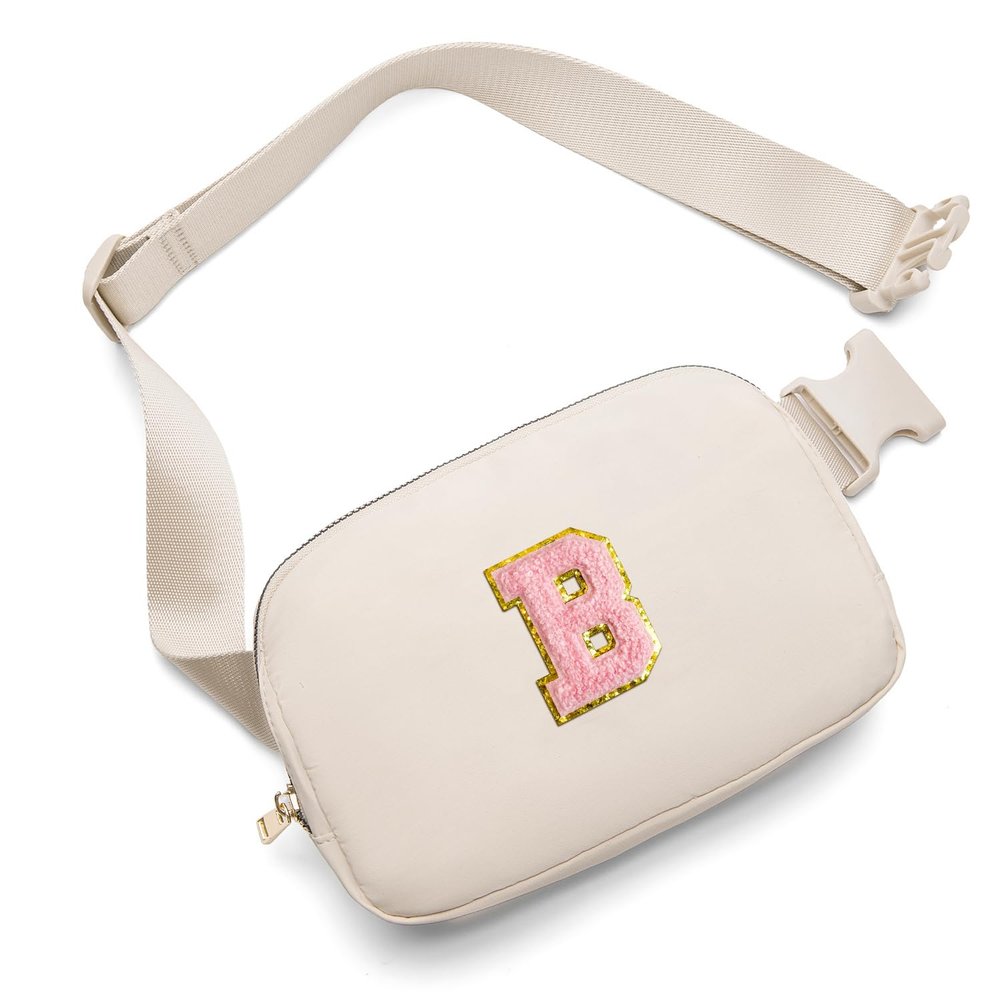 Gitus Belt Bag Fanny Pack Crossbody Bags with Initial Letter Patch Cute Stuff Birthday Gifts for Teenager Girls Trendy Preppy Stuff for Teen Girls(Beige-B)