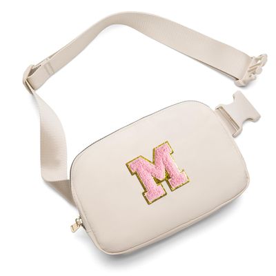 Gitus Belt Bag Fanny Pack Crossbody Bags with Initial Letter Patch Cute Stuff Birthday Gifts for Teenager Girls Trendy Preppy Stuff for Teen Girls(Beige-M)
