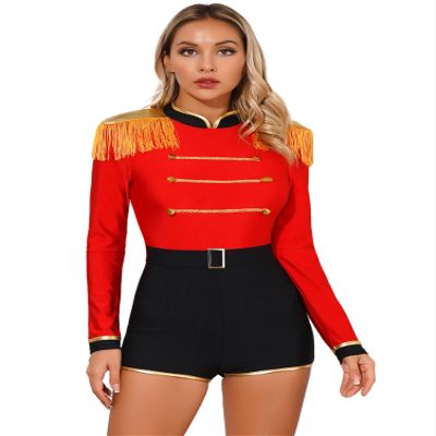 Aislor Women's Circus Ringmaster Cosplay Costume Long Sleeve Tassel Tuxedo Jacket Leotard Jumpsuit Bodysuit F0047#Red Medium