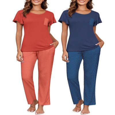 Ekouaer Pajamas for Women Set 2 Piece Comfy Loungewear, Lightweight Pjs Sleepwear, Short Sleeve Top & Long Pants with Pockets