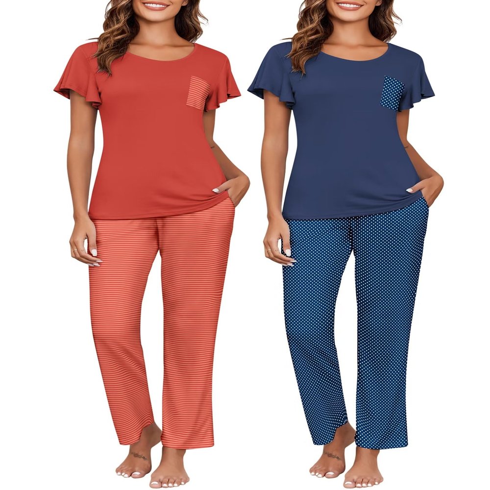 Ekouaer Pajamas for Women Set 2 Piece Comfy Loungewear, Lightweight Pjs Sleepwear, Short Sleeve Top & Long Pants with Pockets