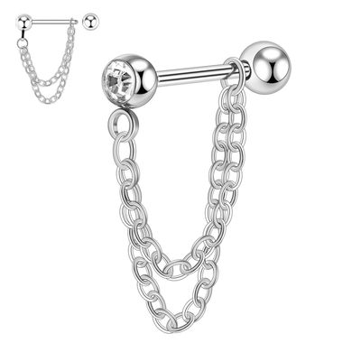 16G Cartilages Earrings Surgical Steel Double Chain Conch Earring Bar 10mm Industrial Piercing Jewelry Silver Helix Earrings Conch Hoop Earring Cartilage Chain Earring Jewelry CZ Helix Barbell