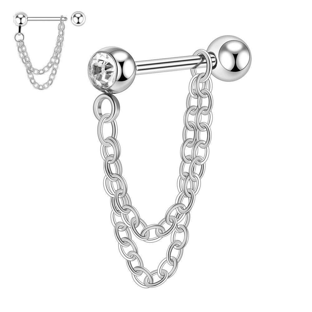 16G Cartilages Earrings Surgical Steel Double Chain Conch Earring Bar 10mm Industrial Piercing Jewelry Silver Helix Earrings Conch Hoop Earring Cartilage Chain Earring Jewelry CZ Helix Barbell