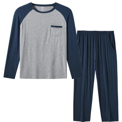 MoFiz Mens Pajama Sets Comfy Long Sleeve Sleepwear Top Solid Pyjama Pants with Pocket 2 Piece Loungewear PJs Sets Blue 2X-L arge