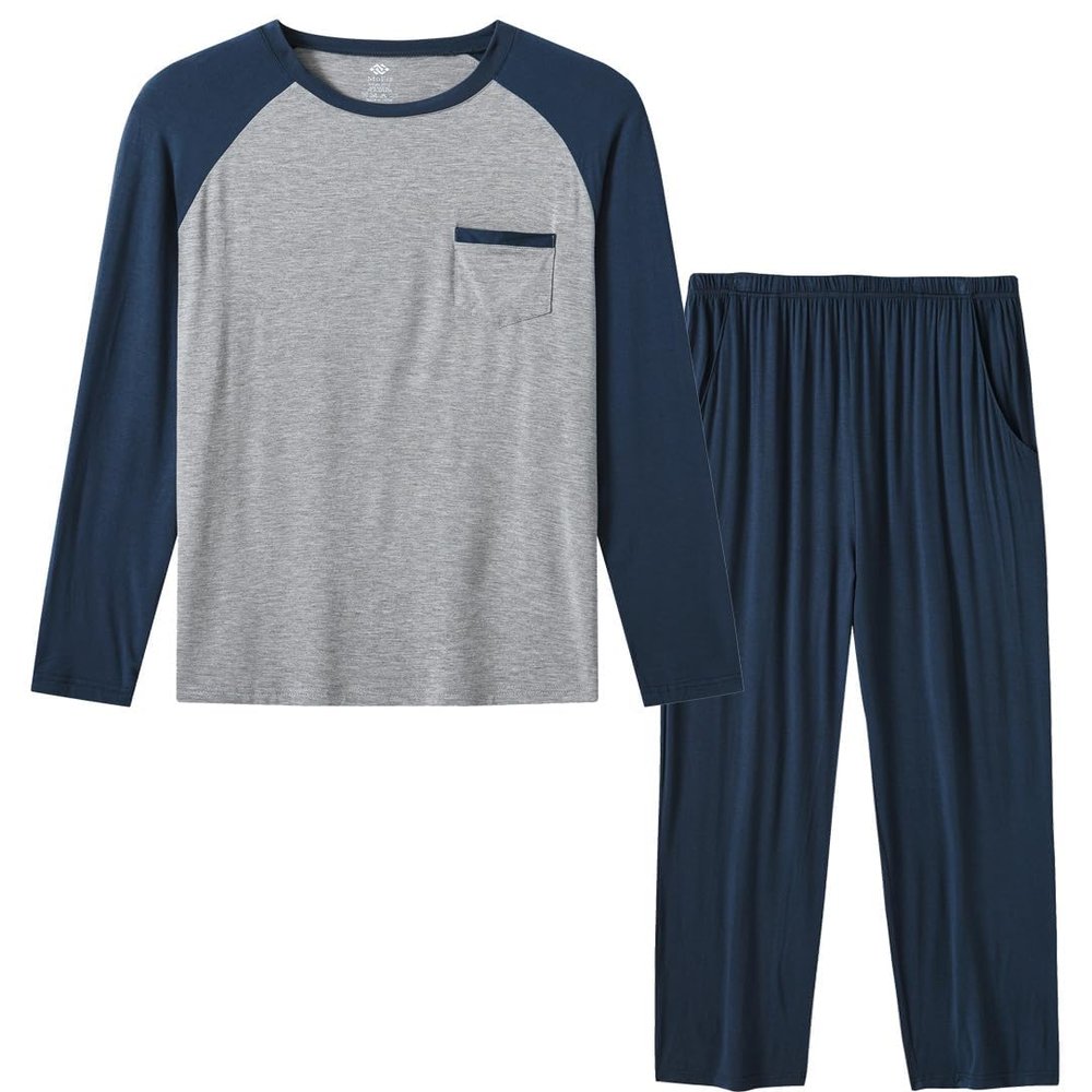 MoFiz Mens Pajama Sets Comfy Long Sleeve Sleepwear Top Solid Pyjama Pants with Pocket 2 Piece Loungewear PJs Sets Blue 2X-L arge