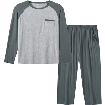 MoFiz Mens Pajama Set Long Sleeve Clolor Contrast Crew Neck 2 Piece Night Loungewear Modal Pants with Pockets Pjs Sleepwear Sets Gray-Blue Large