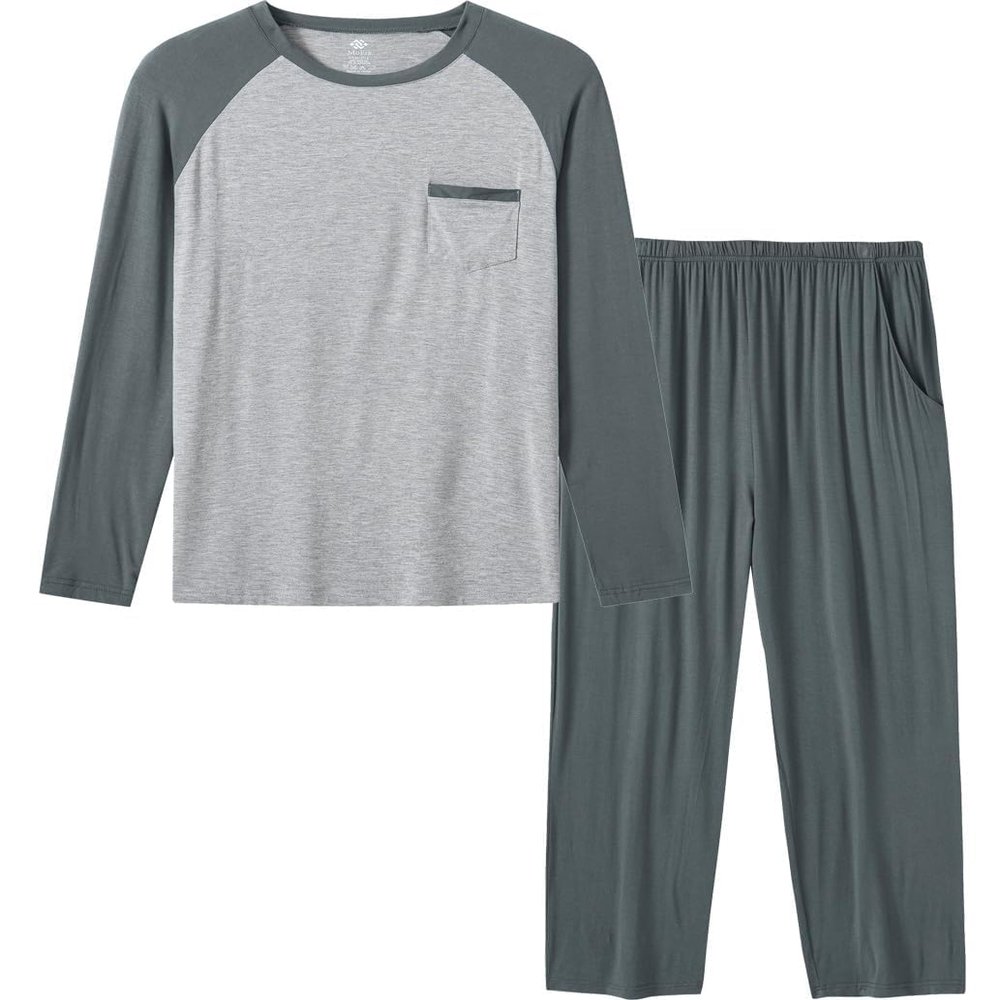 MoFiz Mens Pajama Set Long Sleeve Clolor Contrast Crew Neck 2 Piece Night Loungewear Modal Pants with Pockets Pjs Sleepwear Sets Gray-Blue Large