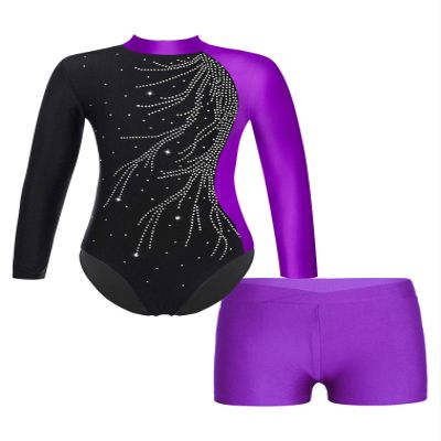 ranrann Kids Girls Shiny Ballet Dance Outfits Gymnastic Leotard with Metallic Shorts Sports Tracksuit Unitards Dancewear Purple H 14 Years