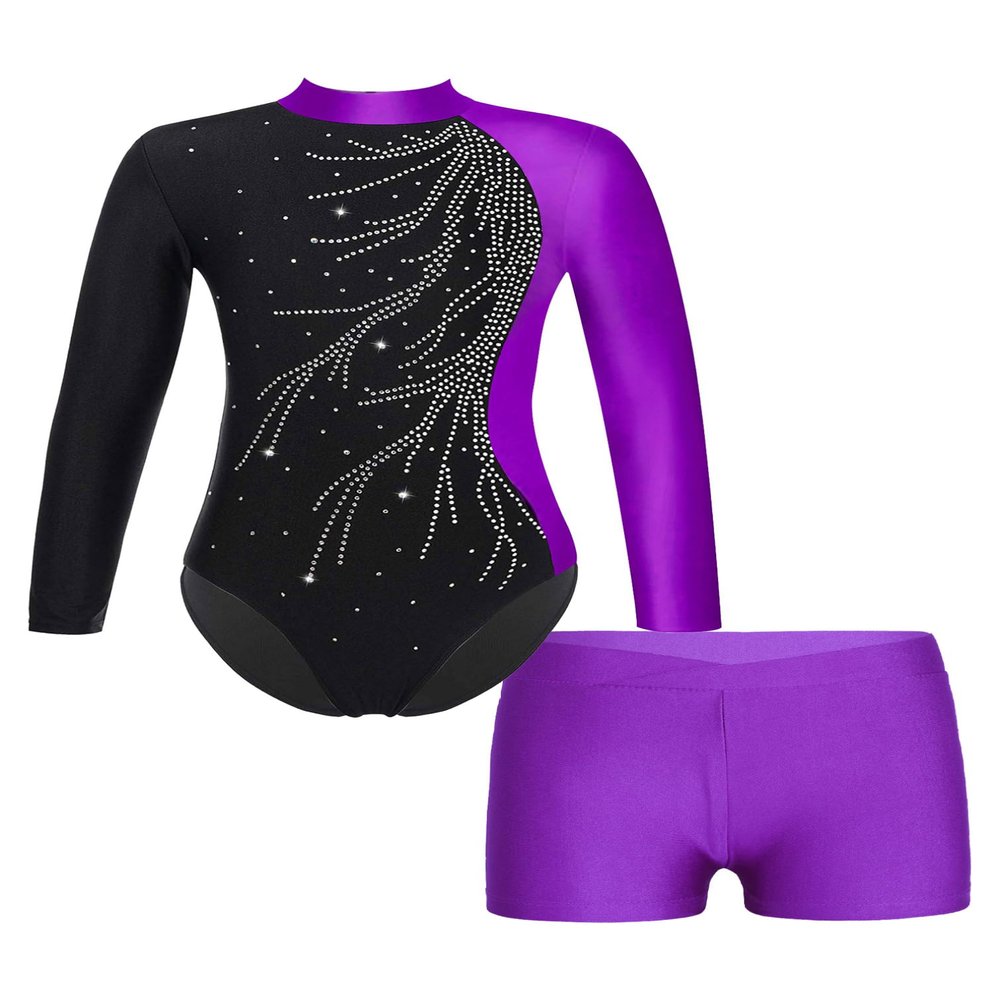 ranrann Kids Girls Shiny Ballet Dance Outfits Gymnastic Leotard with Metallic Shorts Sports Tracksuit Unitards Dancewear Purple H 14 Years
