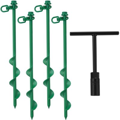 Hiboom 4 Pcs Ground Anchors with T Handle Hex Wrench Trampoline Hook, Ground Anchor Screw in Kit, Inflatable Outdoor Decorations Accessories for Camping Tents Car Ports Canopies (Green,12 Inch)