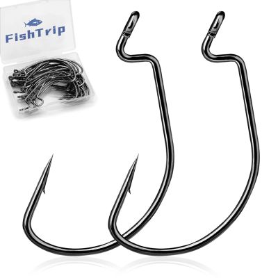 FishTrip 50pcs EWG Hooks for Bass Fishing Hooks, Extra Wide Gap Offset Worm Hook Texas Rig Fish Hooks for Bass Trout Freshwater Saltwater #4