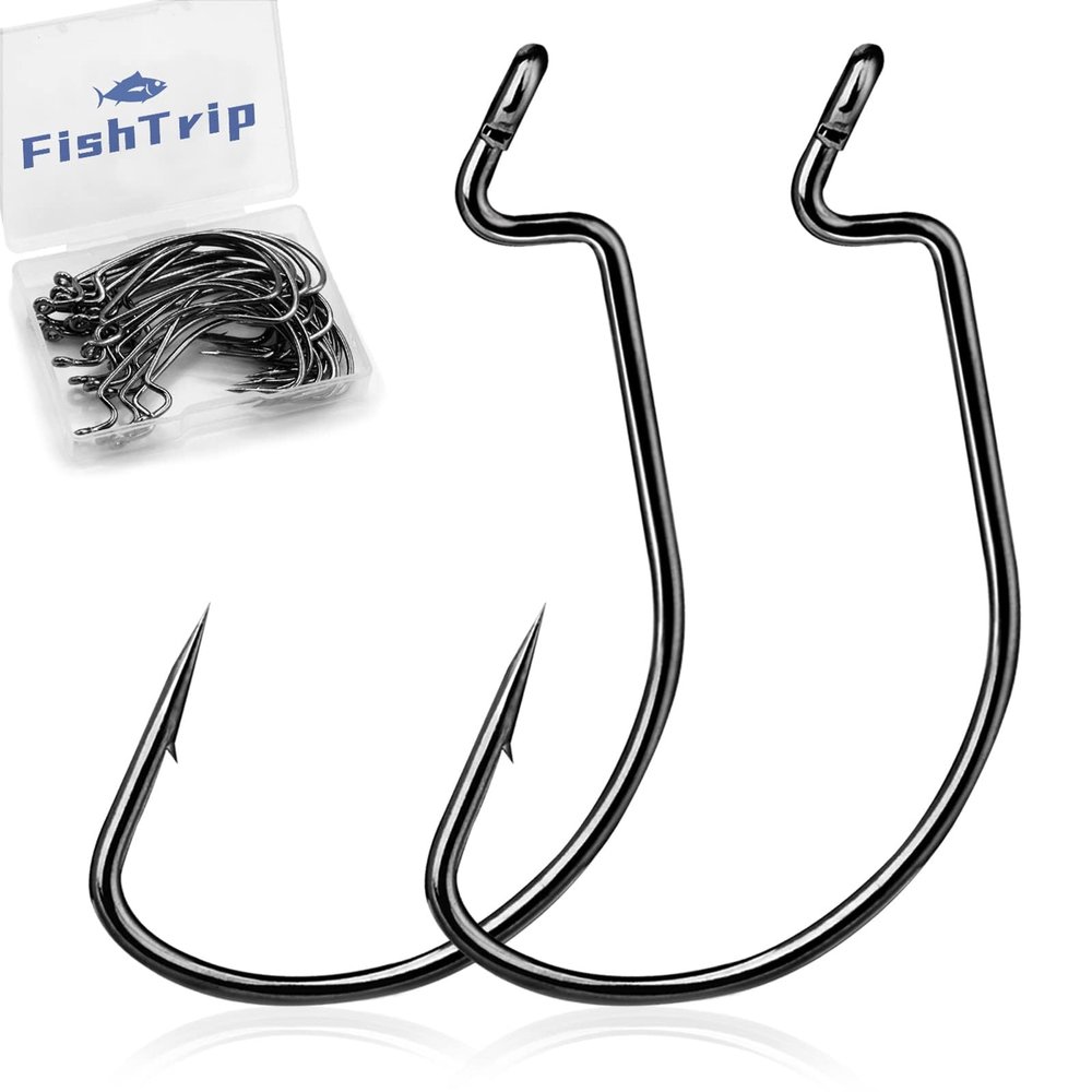 FishTrip 50pcs EWG Hooks for Bass Fishing Hooks, Extra Wide Gap Offset Worm Hook Texas Rig Fish Hooks for Bass Trout Freshwater Saltwater #4