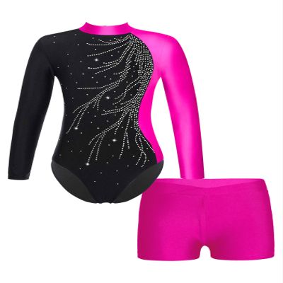 ranrann Kids Girls Shiny Ballet Dance Outfits Gymnastic Leotard with Metallic Shorts Sports Tracksuit Unitards Dancewear Rose H 10 Years