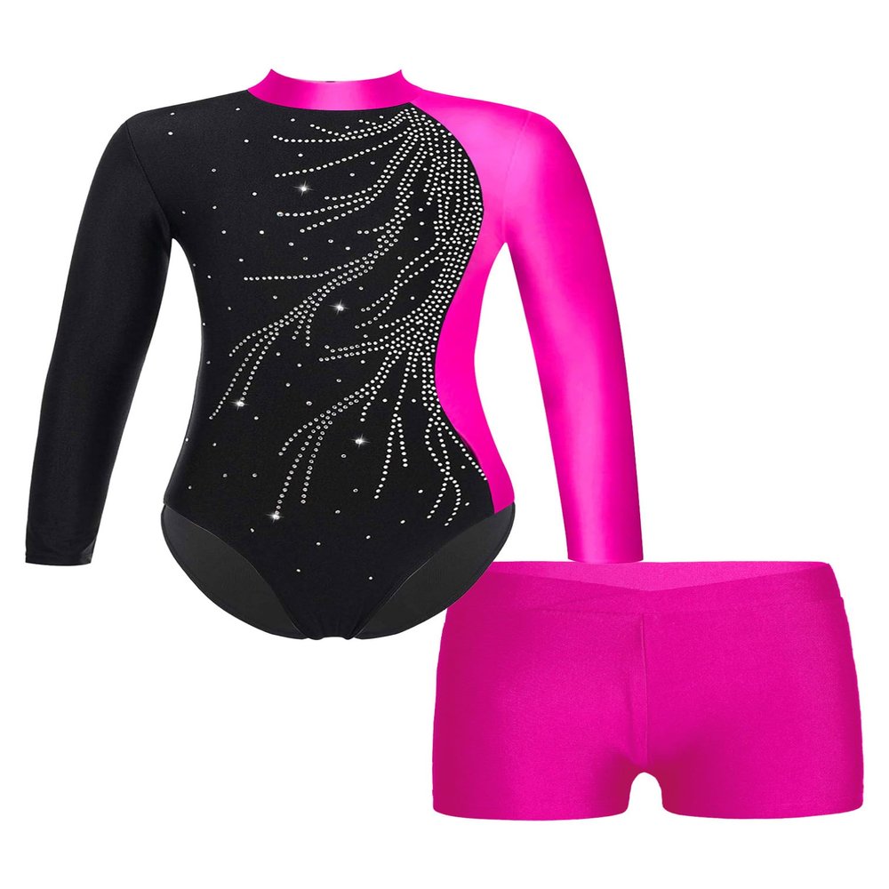 ranrann Kids Girls Shiny Ballet Dance Outfits Gymnastic Leotard with Metallic Shorts Sports Tracksuit Unitards Dancewear Rose H 10 Years