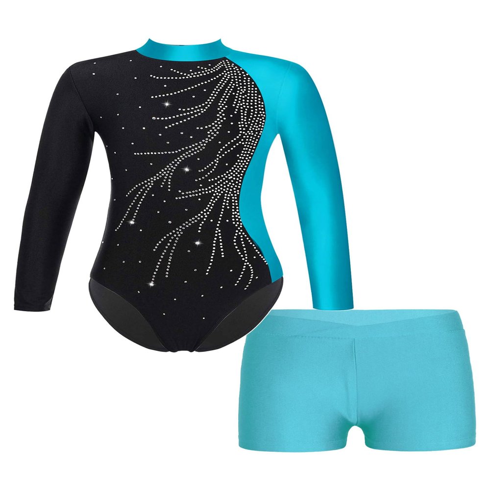 ranrann Kids Girls Shiny Ballet Dance Outfits Gymnastic Leotard with Metallic Shorts Sports Tracksuit Unitards Dancewear Blue Green H 10 Years