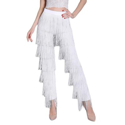 ZBH1985 Women's 7 Tier Tassel Latin Dance Pant Ballroom Dance Professional Black Adult Fringe Practice Pants