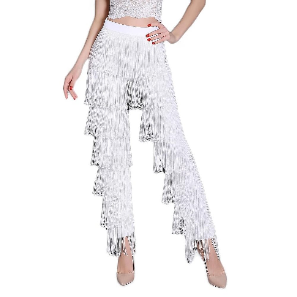ZBH1985 Women's 7 Tier Tassel Latin Dance Pant Ballroom Dance Professional Black Adult Fringe Practice Pants