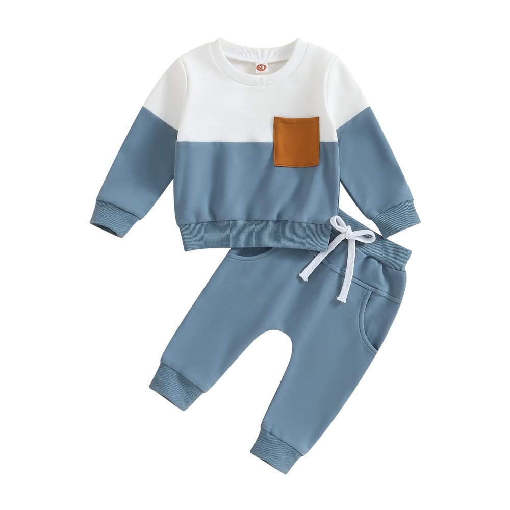 Toddler Baby Boy Clothes Long Sleeve Striped Crewneck T-Shirt Top + Solid Drawstring Pants Set Infant Fall Outfits (A-Blue B, 18-24 Months)