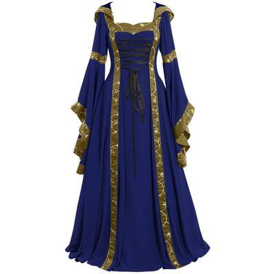 Oplxuo Women's Medieval Hooded Dresses Renaissance Velvet Robe Vintage Court Style Costume Long Sleeve Ball Queen Gown