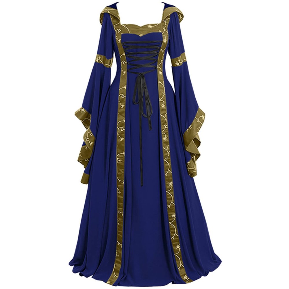Oplxuo Women's Medieval Hooded Dresses Renaissance Velvet Robe Vintage Court Style Costume Long Sleeve Ball Queen Gown