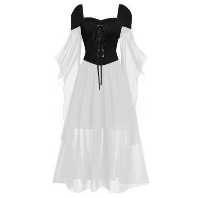 FlekmanArt Halloween Sling Swing Cold Shoulder Corset Dress - Ren Faire, Witch & Medieval Styles (Black, X-Large)