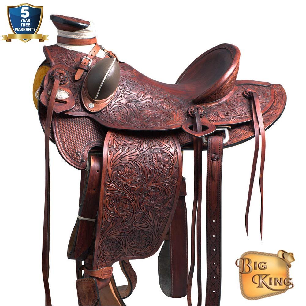 HILASON Western Horse Wade Saddle American Leather Ranch Roping Mahogany | Hand Tooled & for Horses