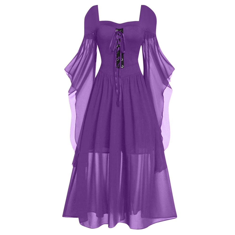 Mesh Gothic Lace-Up Plus Size Halloween Renaissance Dress (Purple, X-Large)