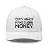 RIVEMUG Blaken Dirty Hands Make Clean Money Premium Trucker Hat Mid Crown Curved Bill Adjustable Cap Funny Mechanic Gift White view 2