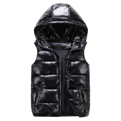 HGps8w Women's Metallic Luster Shiny Puffer Vest, Sleeveless Zip Up Hooded Coat Winter Warm Padded Gilet Jacket With Pockets