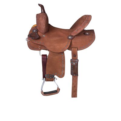 8" 10" 12" 13" Western Roughout Leather Barrel Horse Saddle - Turquoise Buckstitched - Complete Tack Set ME-WLS-282 (8" Seat)