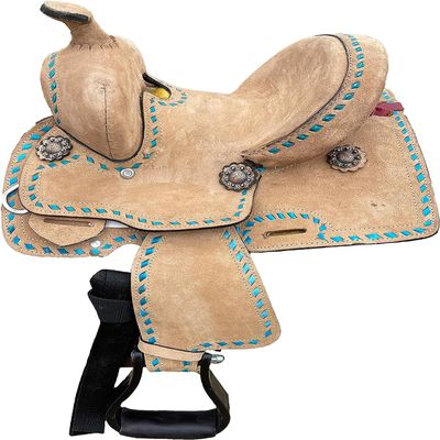 8" 10" 12" 13" Kids Youth Rough Out Turquoise Backstitch Barrel Western Horse Saddle ME-WLS-283 (14" Seat)