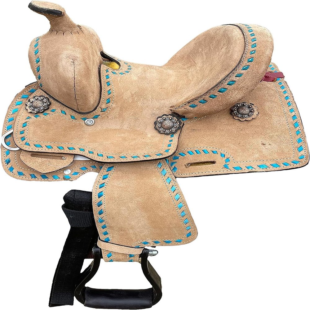 8" 10" 12" 13" Kids Youth Rough Out Turquoise Backstitch Barrel Western Horse Saddle ME-WLS-283 (14" Seat)