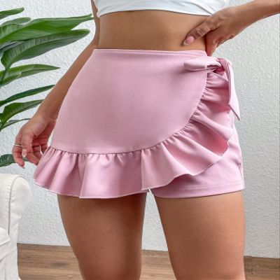 KLiHDSM Women's Shorts Solid Ruffle Trim Tie Side Skort Shorts for Women (Color : Pink, Size : Medium)