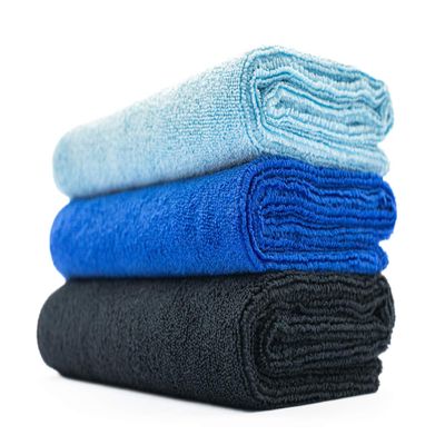 The Rag Company - Sport & Workout Towel - Gym, Exercise, Fitness, Spa, Ultra Soft, Super Absorbent, Fast Drying Premium Microfiber, 320gsm, 16in x 27in (3-Pack) (Royal Blue + Light Blue + Black)