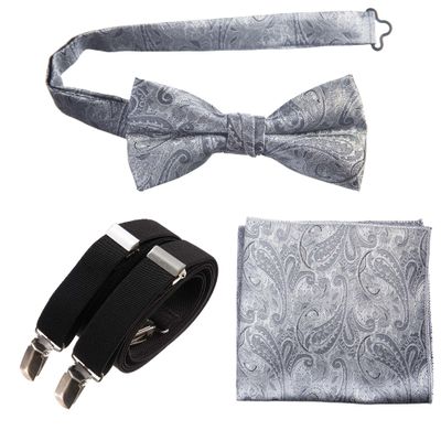 Tuxgear Boys Pretied Bow Tie Suspender Pocket Square Set (Silver Paisley with Black, 30" Boys)