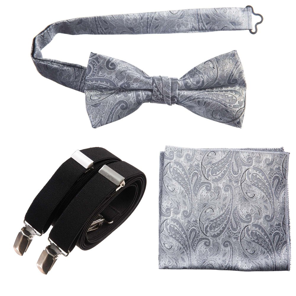 Tuxgear Boys Pretied Bow Tie Suspender Pocket Square Set (Silver Paisley with Black, 30" Boys)