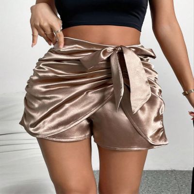 KLiHDSM Women's Shorts Ruched Wrap Knot Side Satin Skort Shorts for Women (Color : Champagne, Size : X-Large)